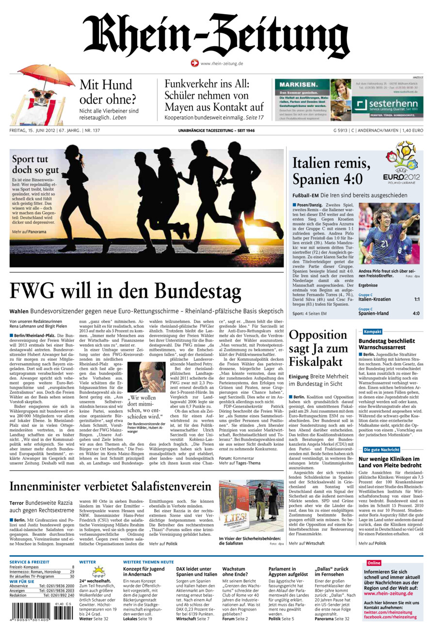 Rhein-Zeitung Andernach & Mayen vom Freitag, 15.06.2012