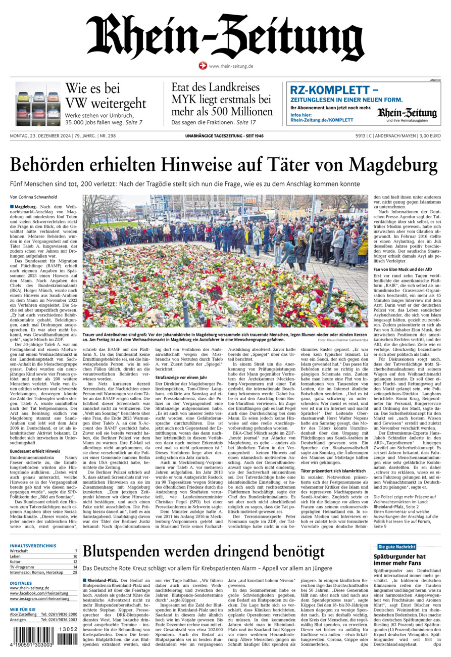 Rhein-Zeitung Andernach & Mayen vom Montag, 23.12.2024