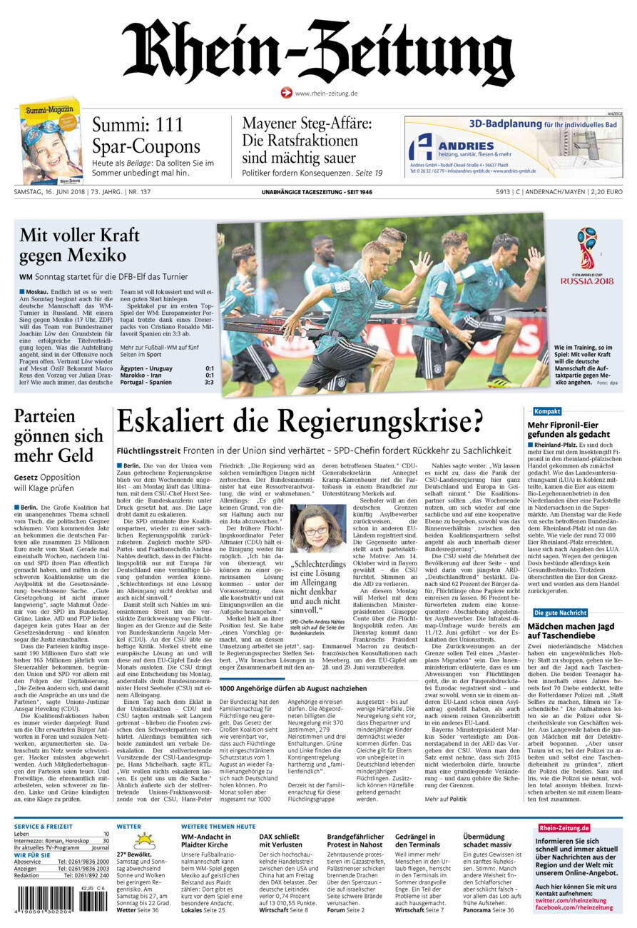 Rhein-Zeitung Andernach & Mayen vom Samstag, 16.06.2018