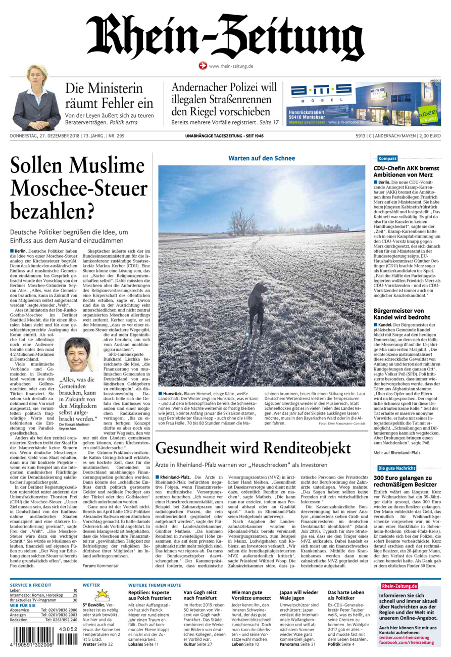 Rhein-Zeitung Andernach & Mayen vom Donnerstag, 27.12.2018