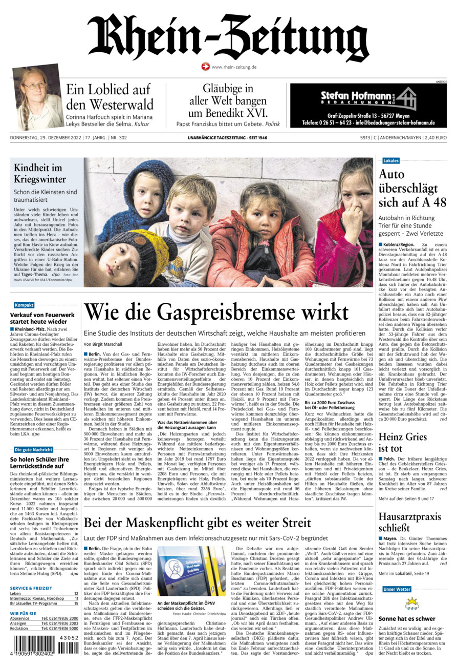 Rhein-Zeitung Andernach & Mayen vom Donnerstag, 29.12.2022
