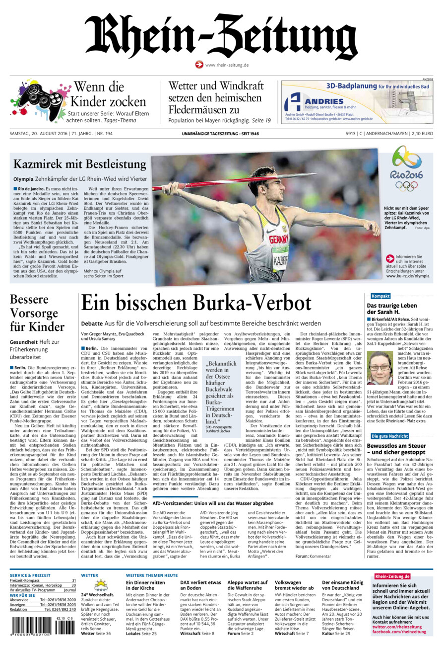 Rhein-Zeitung Andernach & Mayen vom Samstag, 20.08.2016
