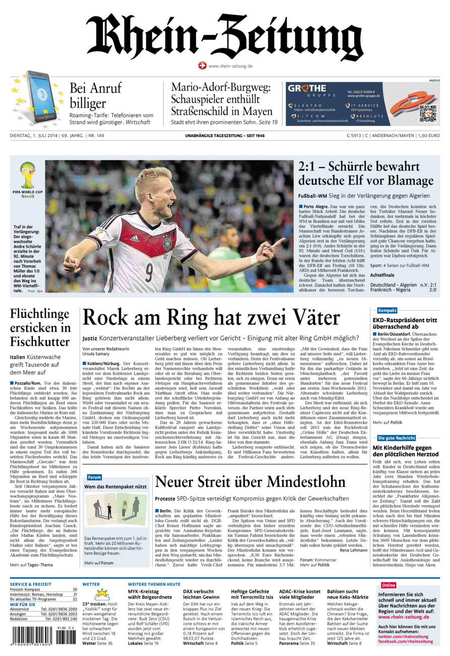 Rhein-Zeitung Andernach & Mayen vom Dienstag, 01.07.2014