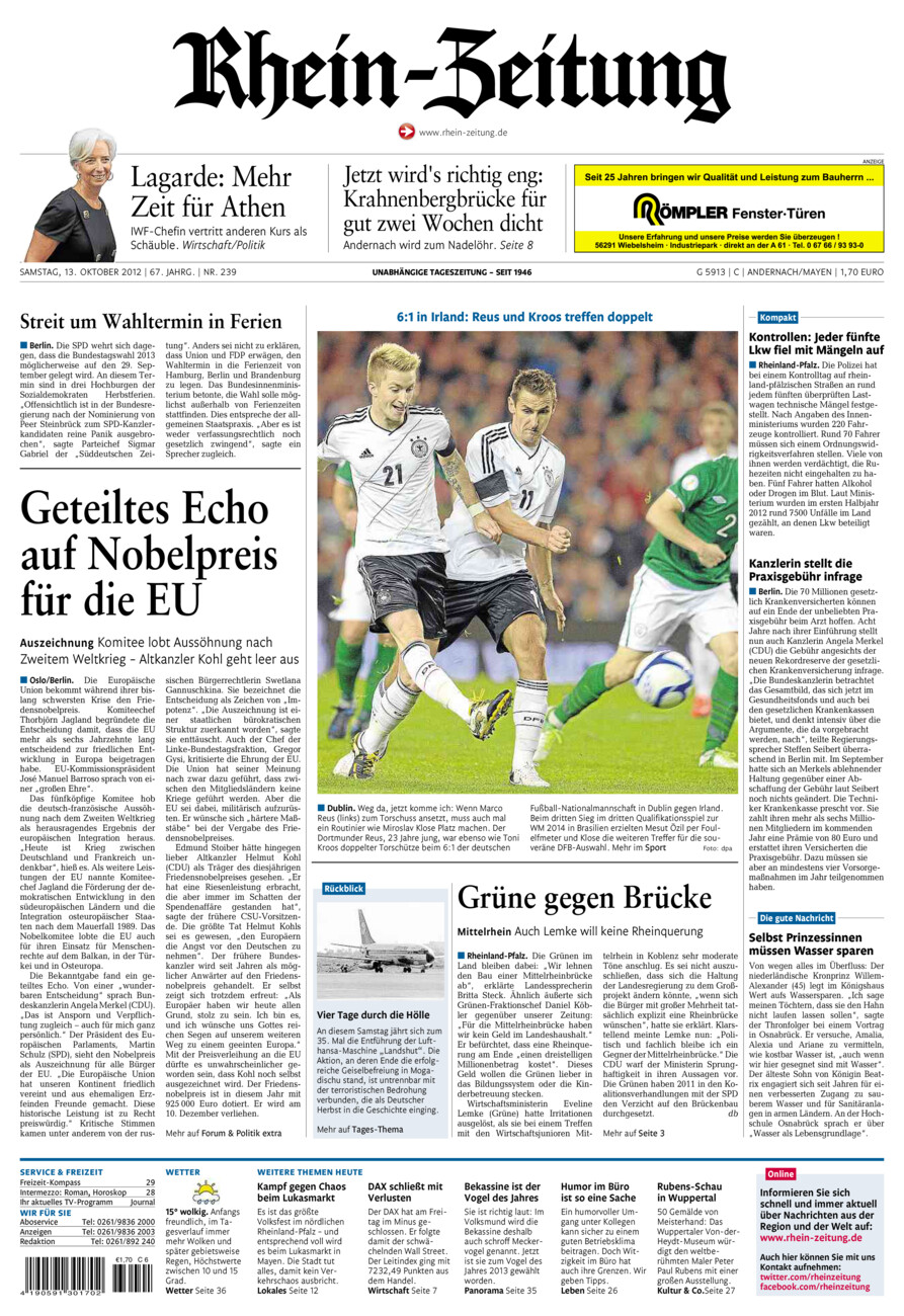 Rhein-Zeitung Andernach & Mayen vom Samstag, 13.10.2012