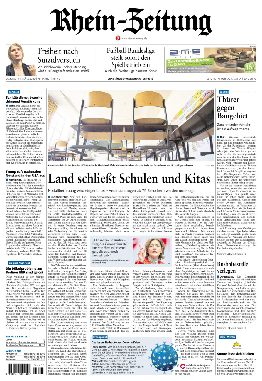 Rhein-Zeitung Andernach & Mayen vom Samstag, 14.03.2020