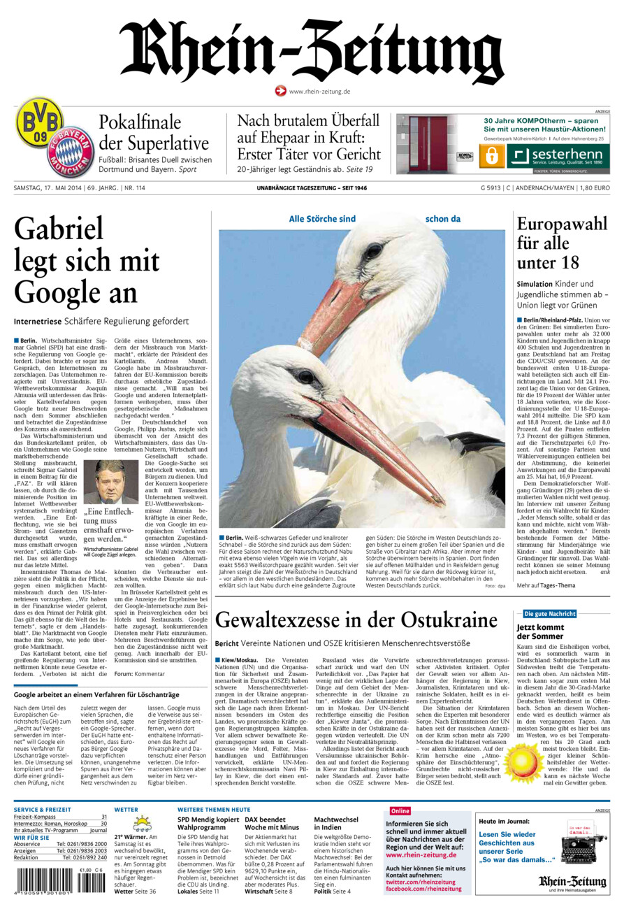 Rhein-Zeitung Andernach & Mayen vom Samstag, 17.05.2014