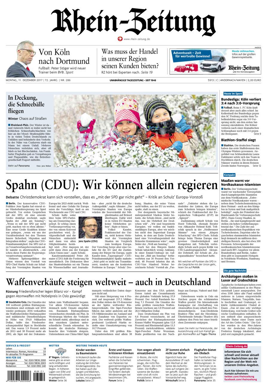 Rhein-Zeitung Andernach & Mayen vom Montag, 11.12.2017