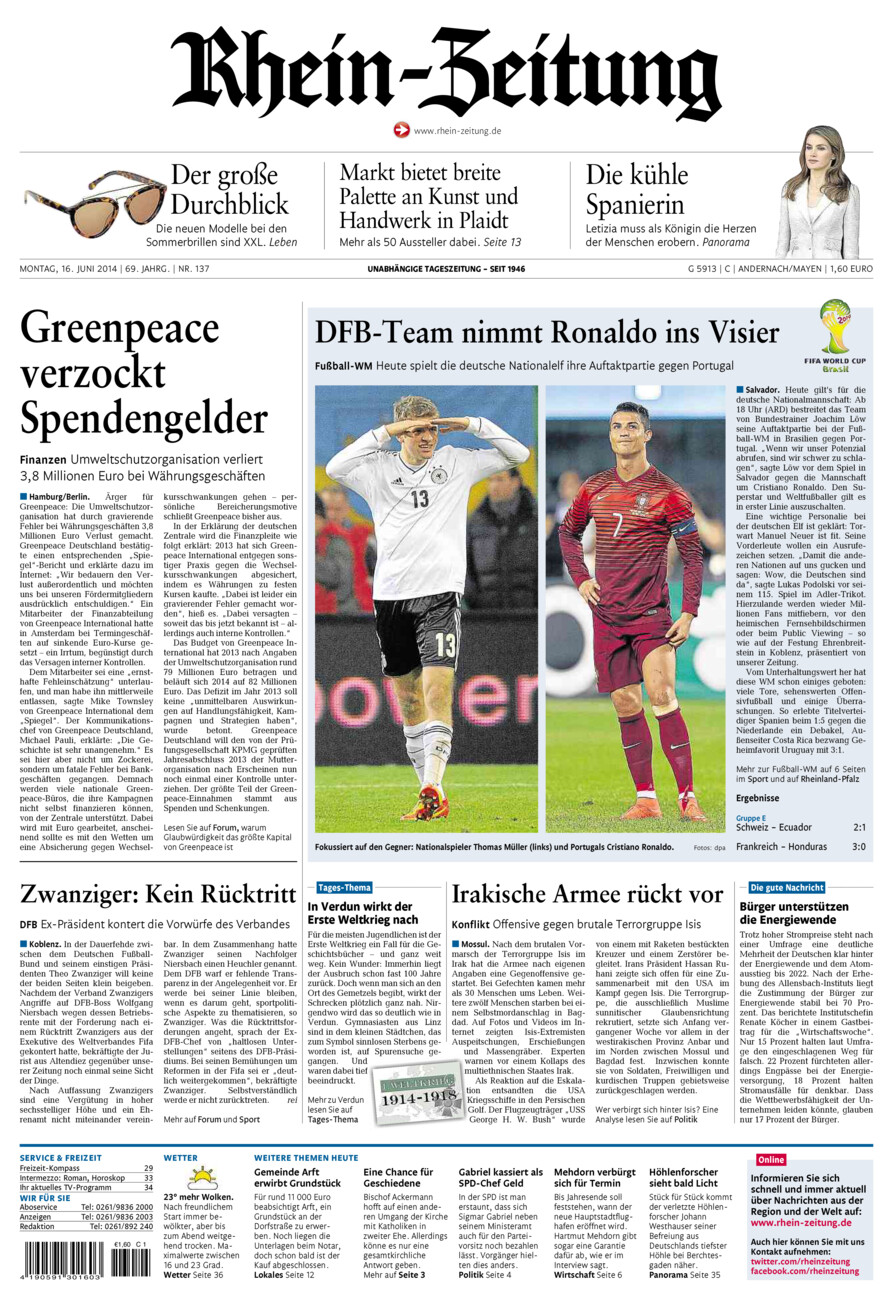 Rhein-Zeitung Andernach & Mayen vom Montag, 16.06.2014