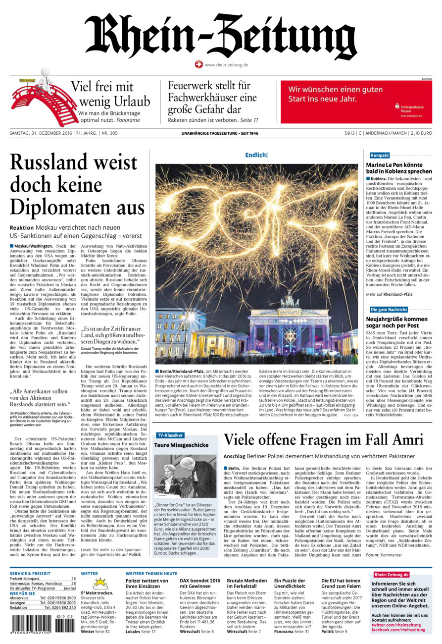 Rhein-Zeitung Andernach & Mayen vom Samstag, 31.12.2016