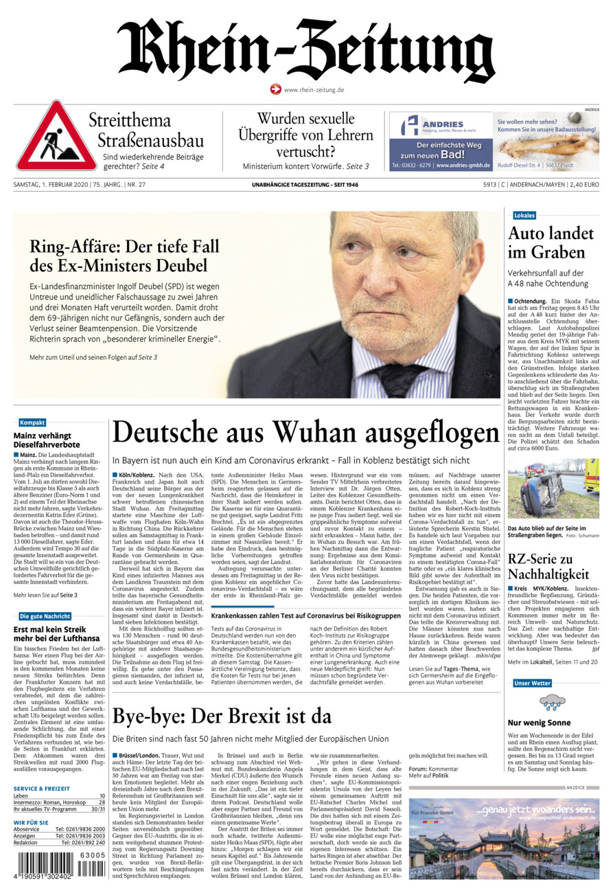 Rhein-Zeitung Andernach & Mayen vom Samstag, 01.02.2020