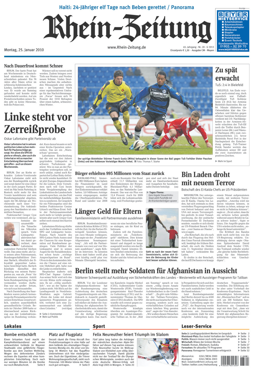 Rhein-Zeitung Andernach & Mayen vom Montag, 25.01.2010