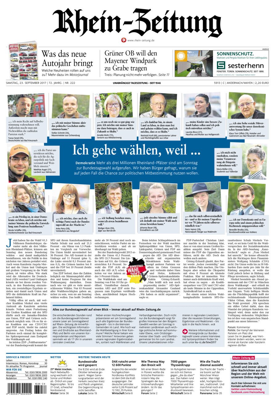 Rhein-Zeitung Andernach & Mayen vom Samstag, 23.09.2017