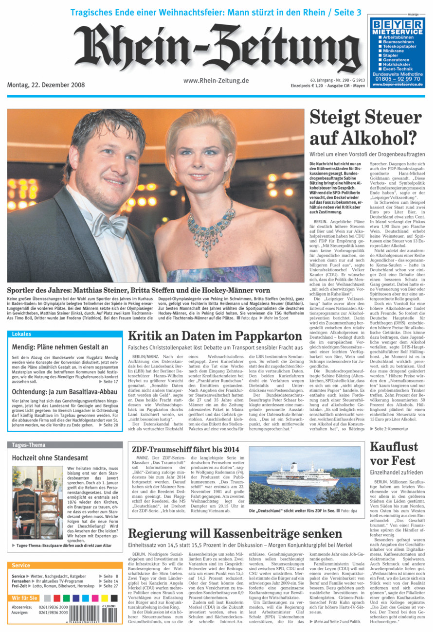 Rhein-Zeitung Andernach & Mayen vom Montag, 22.12.2008