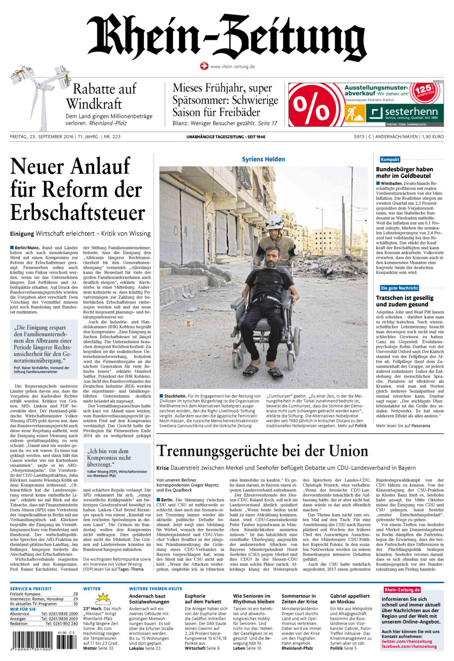 Rhein-Zeitung Andernach & Mayen vom Freitag, 23.09.2016