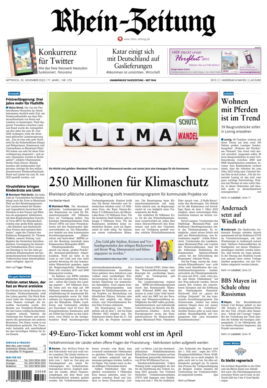 Rhein-Zeitung Andernach & Mayen vom Mittwoch, 30.11.2022