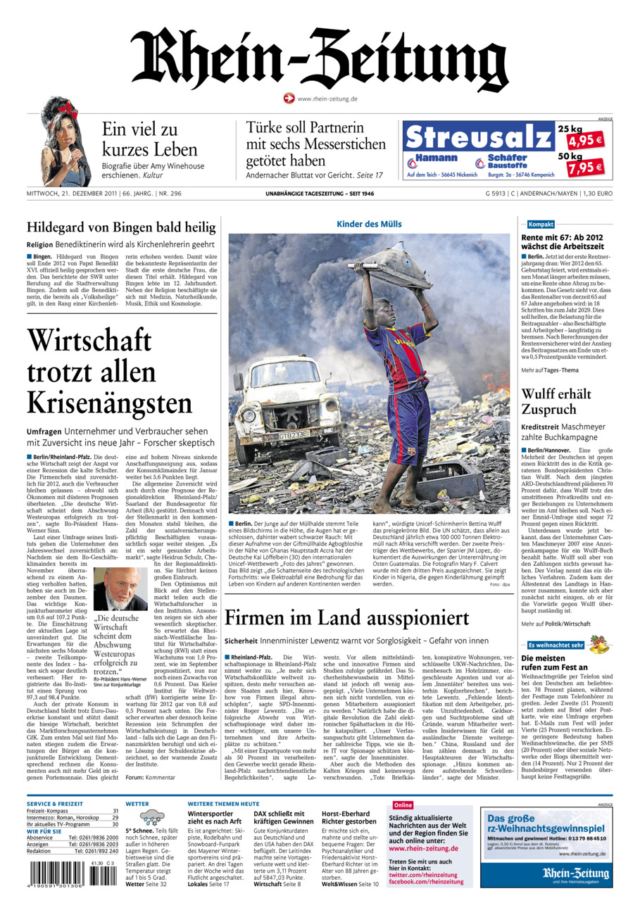 Rhein-Zeitung Andernach & Mayen vom Mittwoch, 21.12.2011