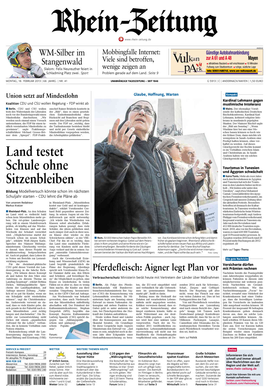 Rhein-Zeitung Andernach & Mayen vom Montag, 18.02.2013
