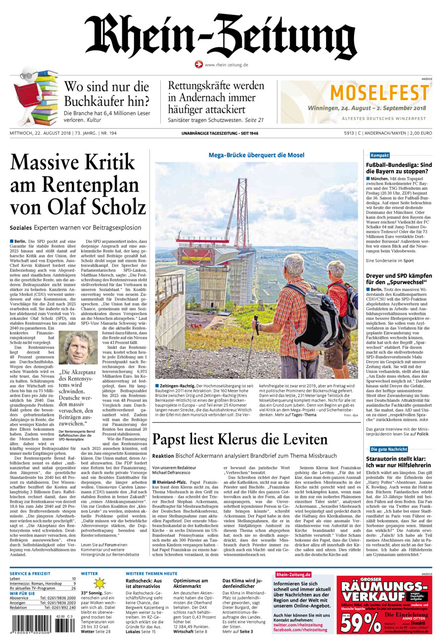 Rhein-Zeitung Andernach & Mayen vom Mittwoch, 22.08.2018