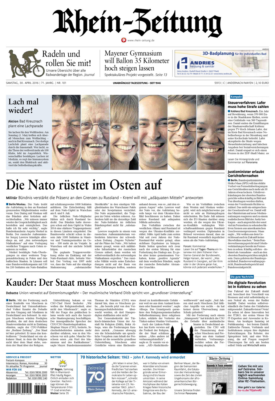 Rhein-Zeitung Andernach & Mayen vom Samstag, 30.04.2016