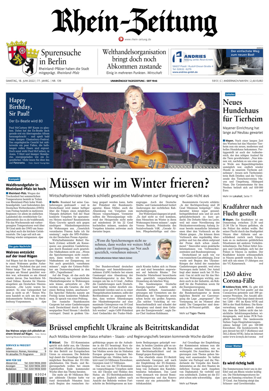 Rhein-Zeitung Andernach & Mayen vom Samstag, 18.06.2022