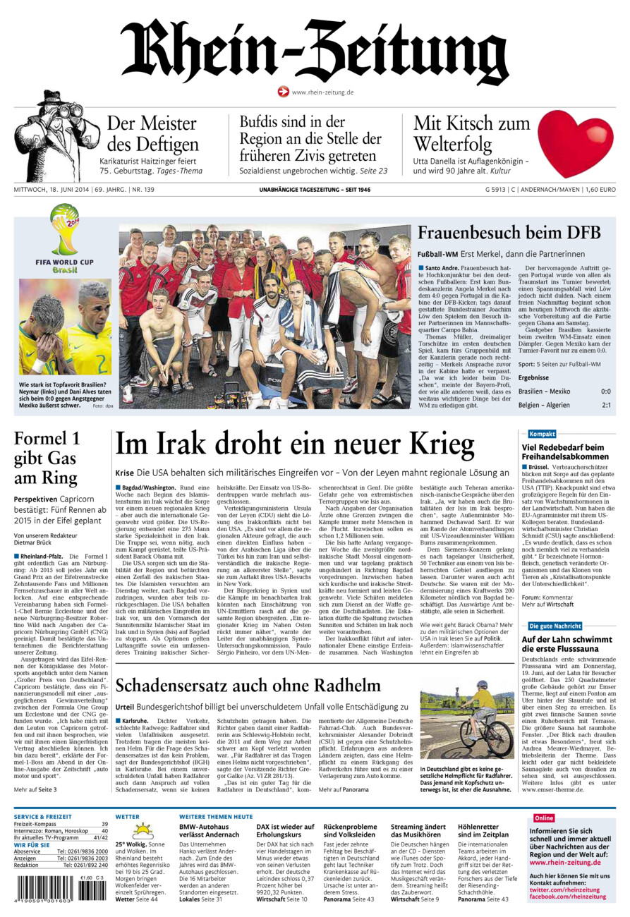 Rhein-Zeitung Andernach & Mayen vom Mittwoch, 18.06.2014