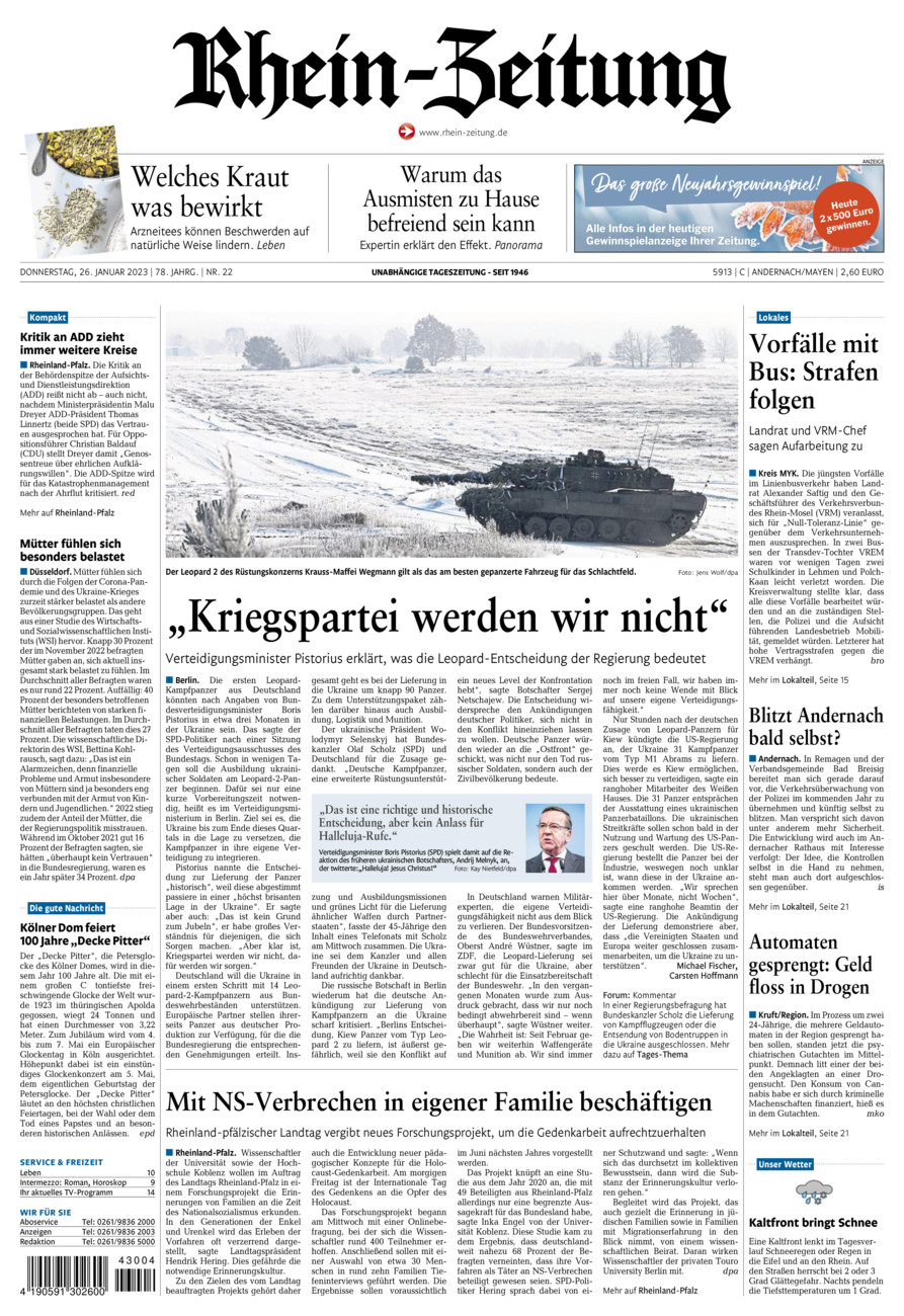 Rhein-Zeitung Andernach & Mayen vom Donnerstag, 26.01.2023