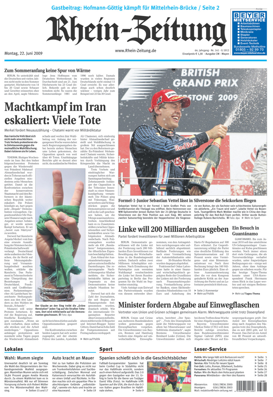 Rhein-Zeitung Andernach & Mayen vom Montag, 22.06.2009