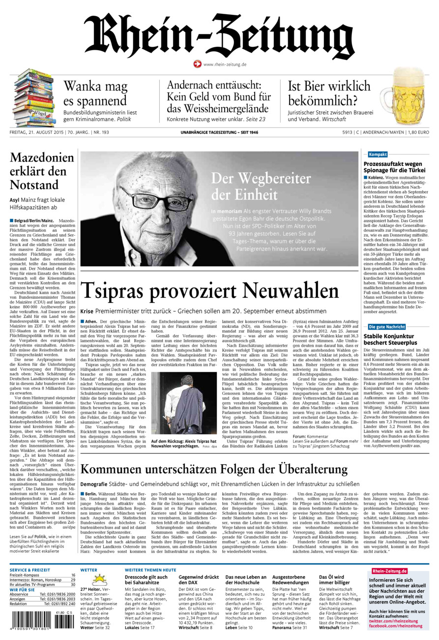 Rhein-Zeitung Andernach & Mayen vom Freitag, 21.08.2015