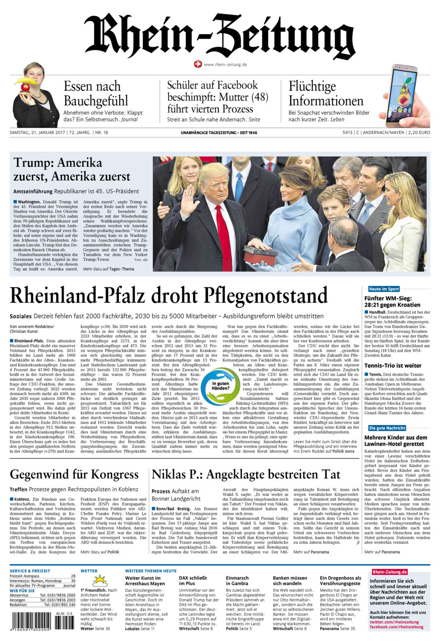 Rhein-Zeitung Andernach & Mayen vom Samstag, 21.01.2017
