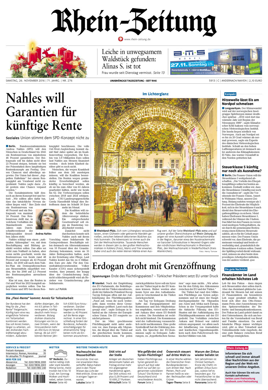 Rhein-Zeitung Andernach & Mayen vom Samstag, 26.11.2016