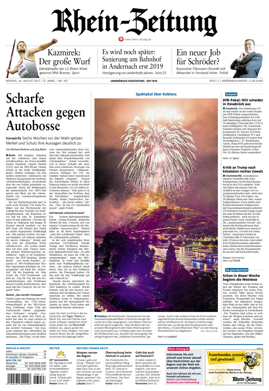 Rhein-Zeitung Andernach & Mayen vom Montag, 14.08.2017