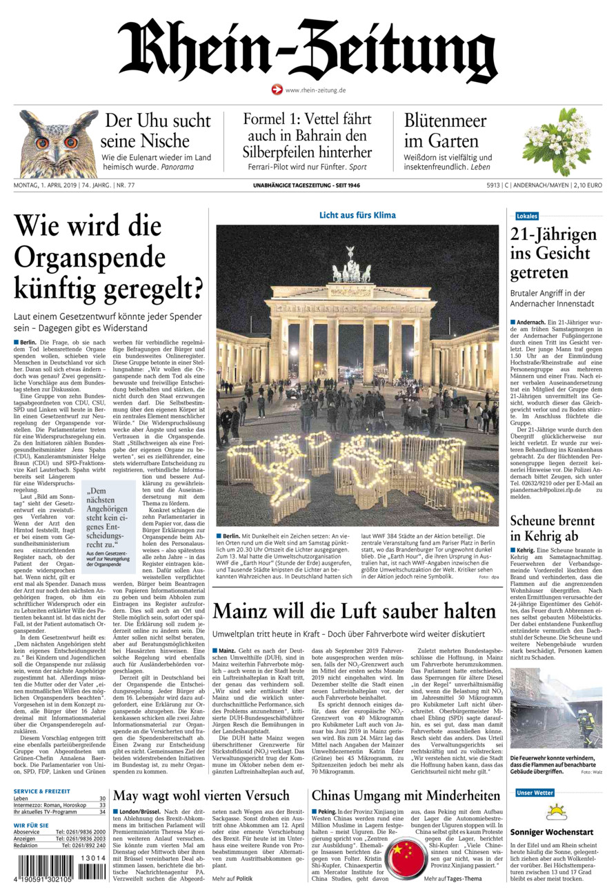 Rhein-Zeitung Andernach & Mayen vom Montag, 01.04.2019