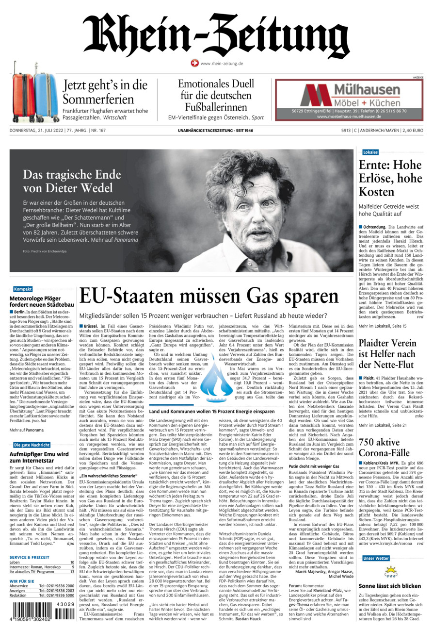 Rhein-Zeitung Andernach & Mayen vom Donnerstag, 21.07.2022