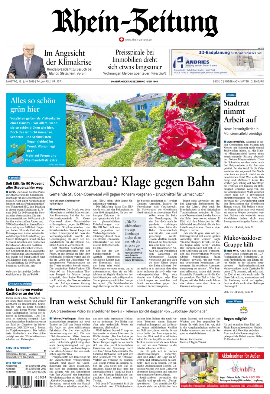 Rhein-Zeitung Andernach & Mayen vom Samstag, 15.06.2019