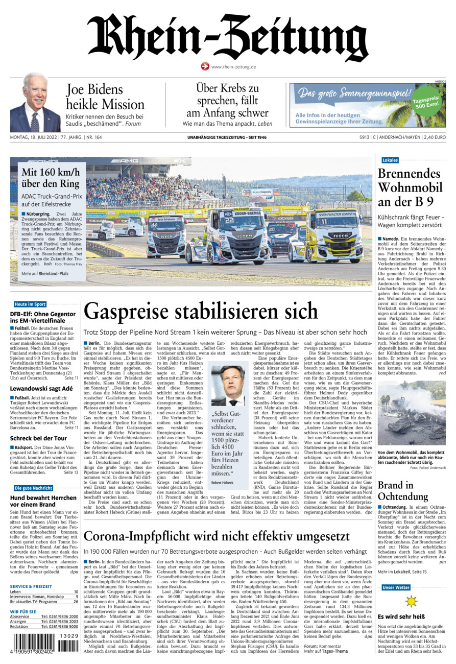 Rhein-Zeitung Andernach & Mayen vom Montag, 18.07.2022