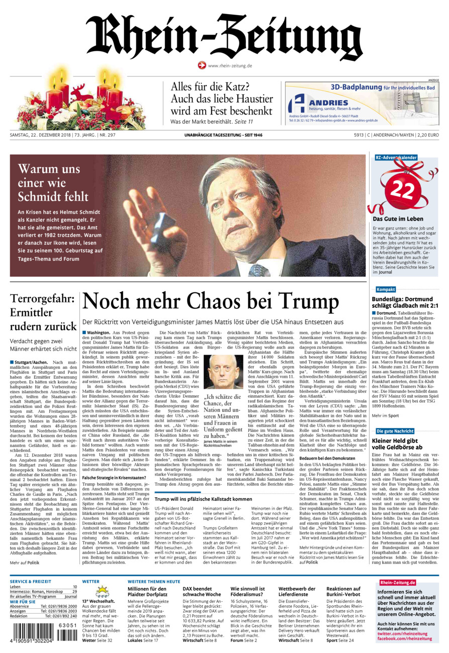 Rhein-Zeitung Andernach & Mayen vom Samstag, 22.12.2018