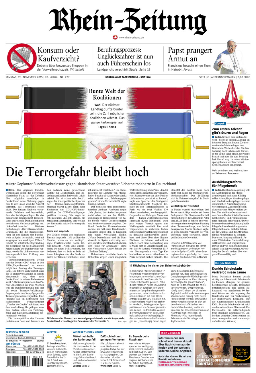 Rhein-Zeitung Andernach & Mayen vom Samstag, 28.11.2015