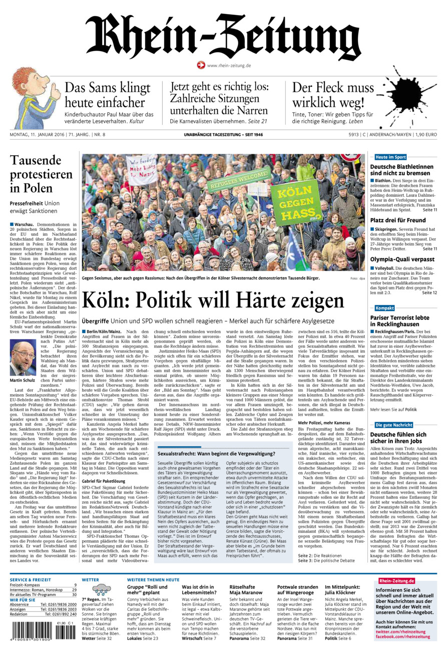 Rhein-Zeitung Andernach & Mayen vom Montag, 11.01.2016