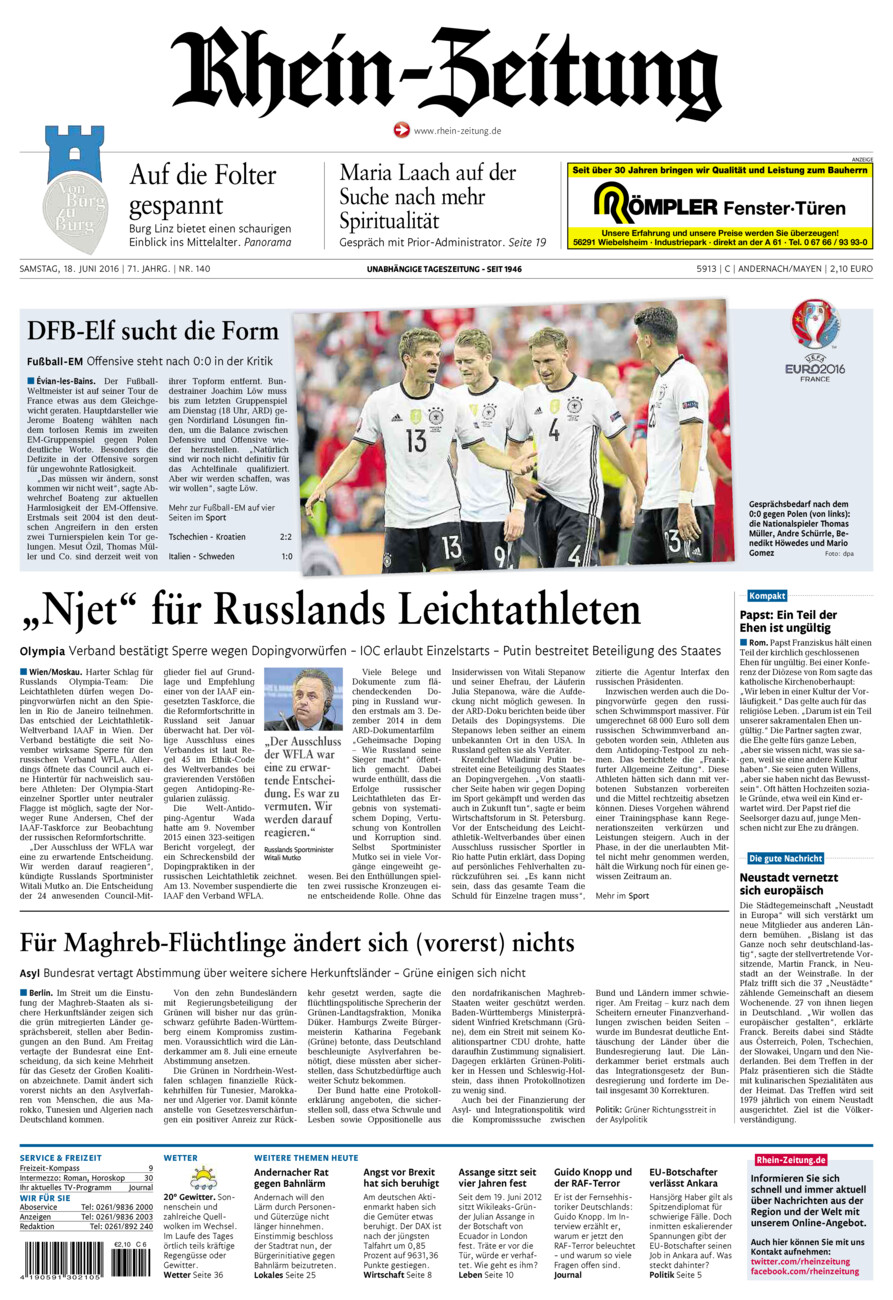 Rhein-Zeitung Andernach & Mayen vom Samstag, 18.06.2016
