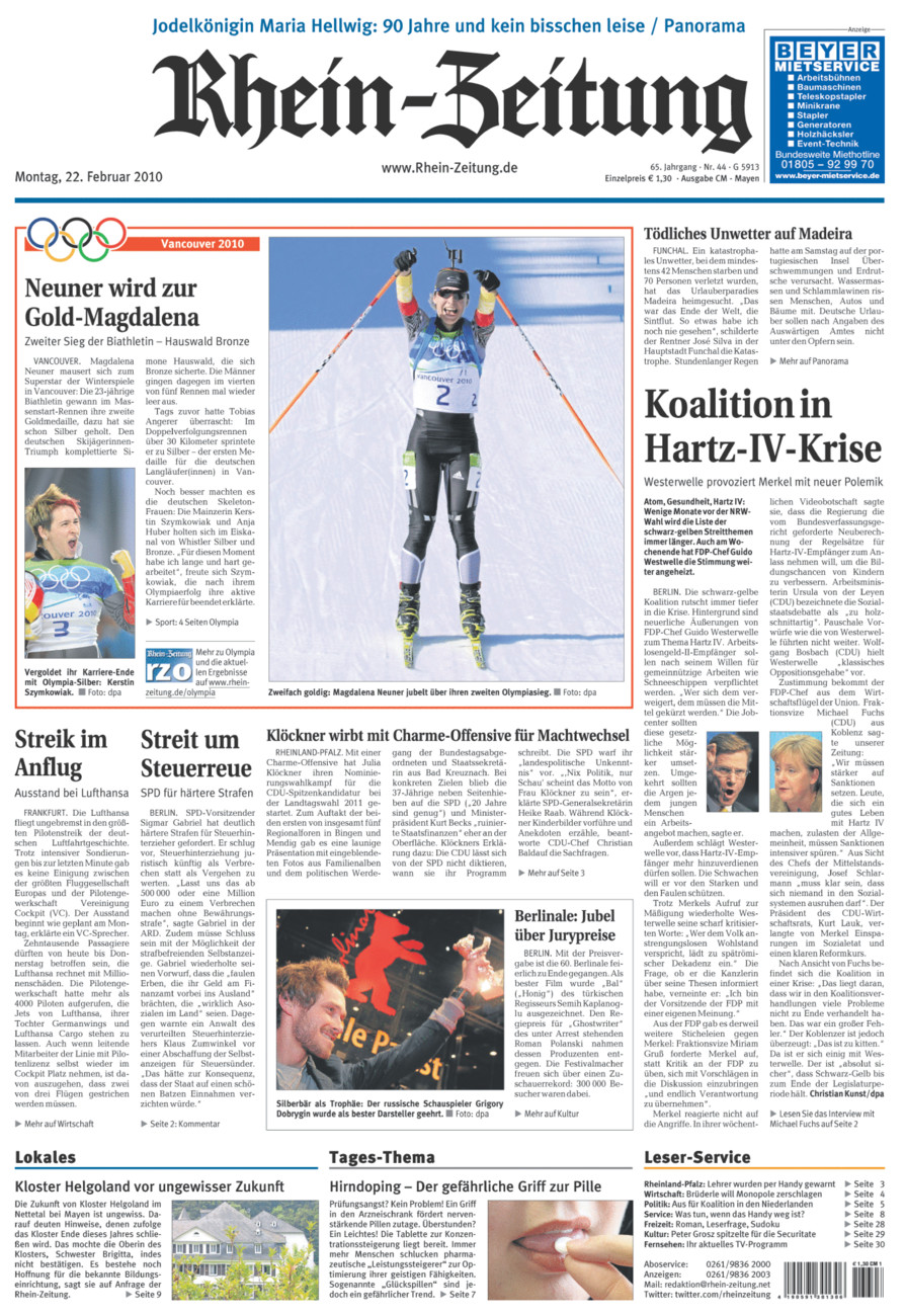 Rhein-Zeitung Andernach & Mayen vom Montag, 22.02.2010