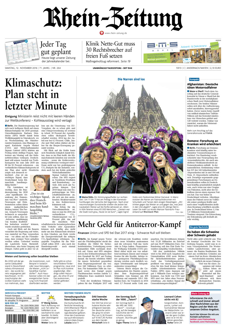 Rhein-Zeitung Andernach & Mayen vom Samstag, 12.11.2016