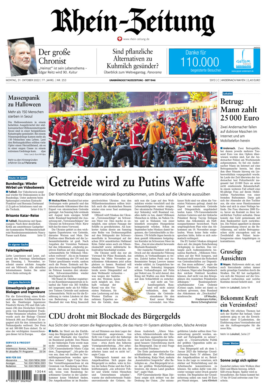 Rhein-Zeitung Andernach & Mayen vom Montag, 31.10.2022