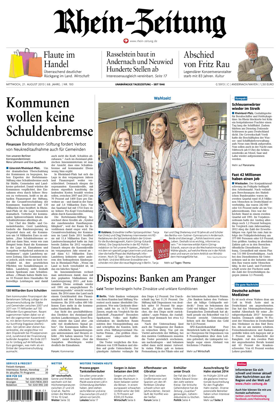 Rhein-Zeitung Andernach & Mayen vom Mittwoch, 21.08.2013