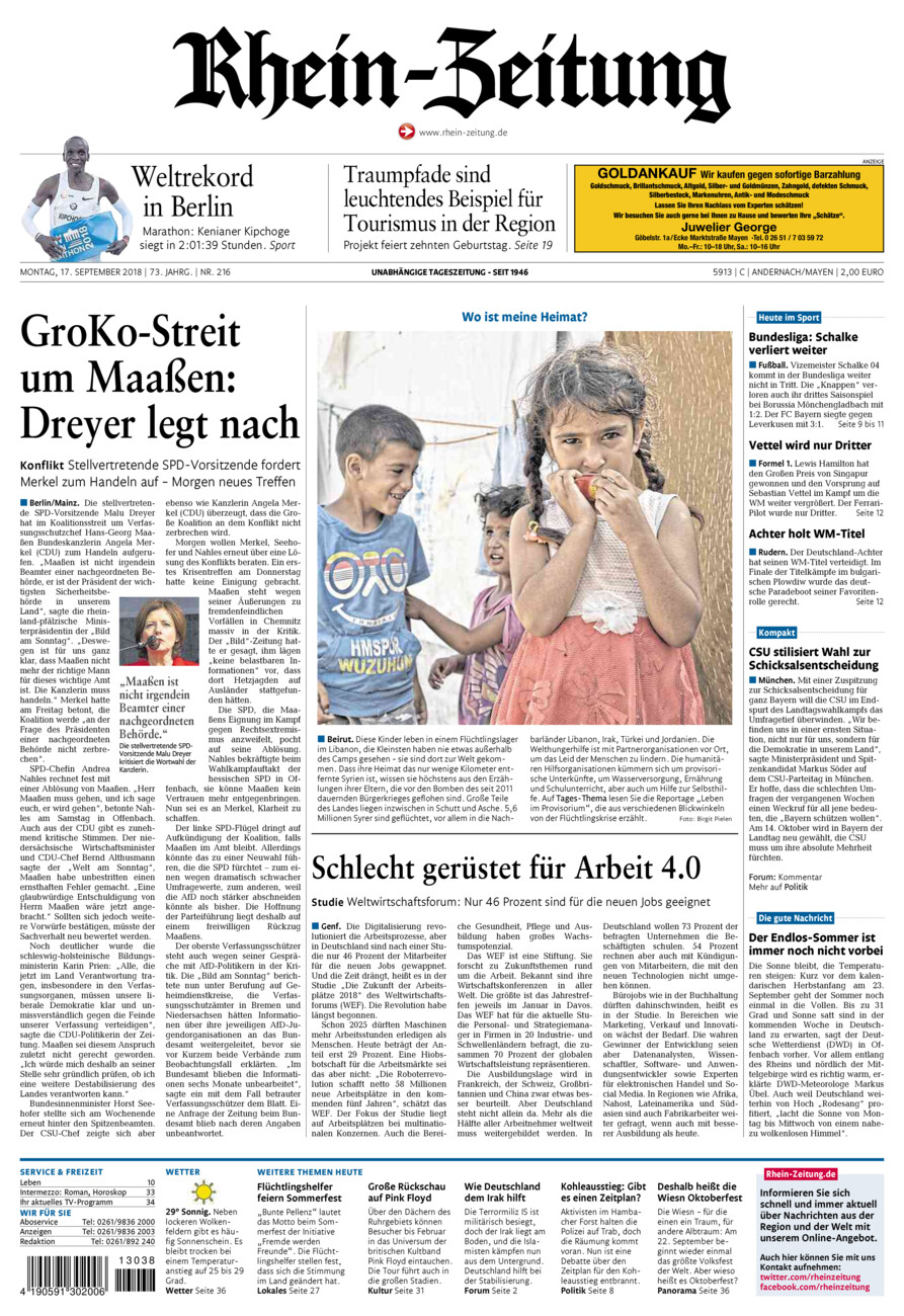 Rhein-Zeitung Andernach & Mayen vom Montag, 17.09.2018