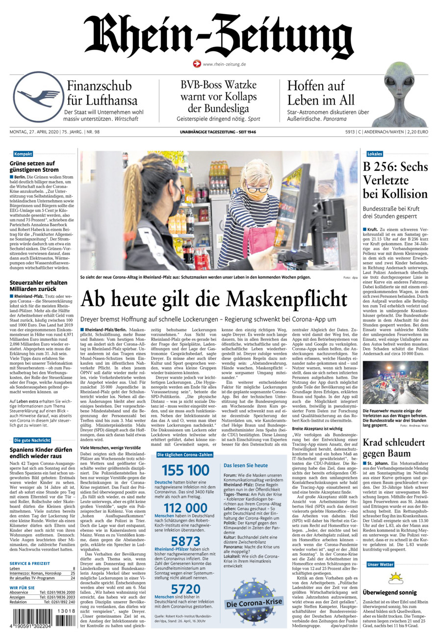 Rhein-Zeitung Andernach & Mayen vom Montag, 27.04.2020