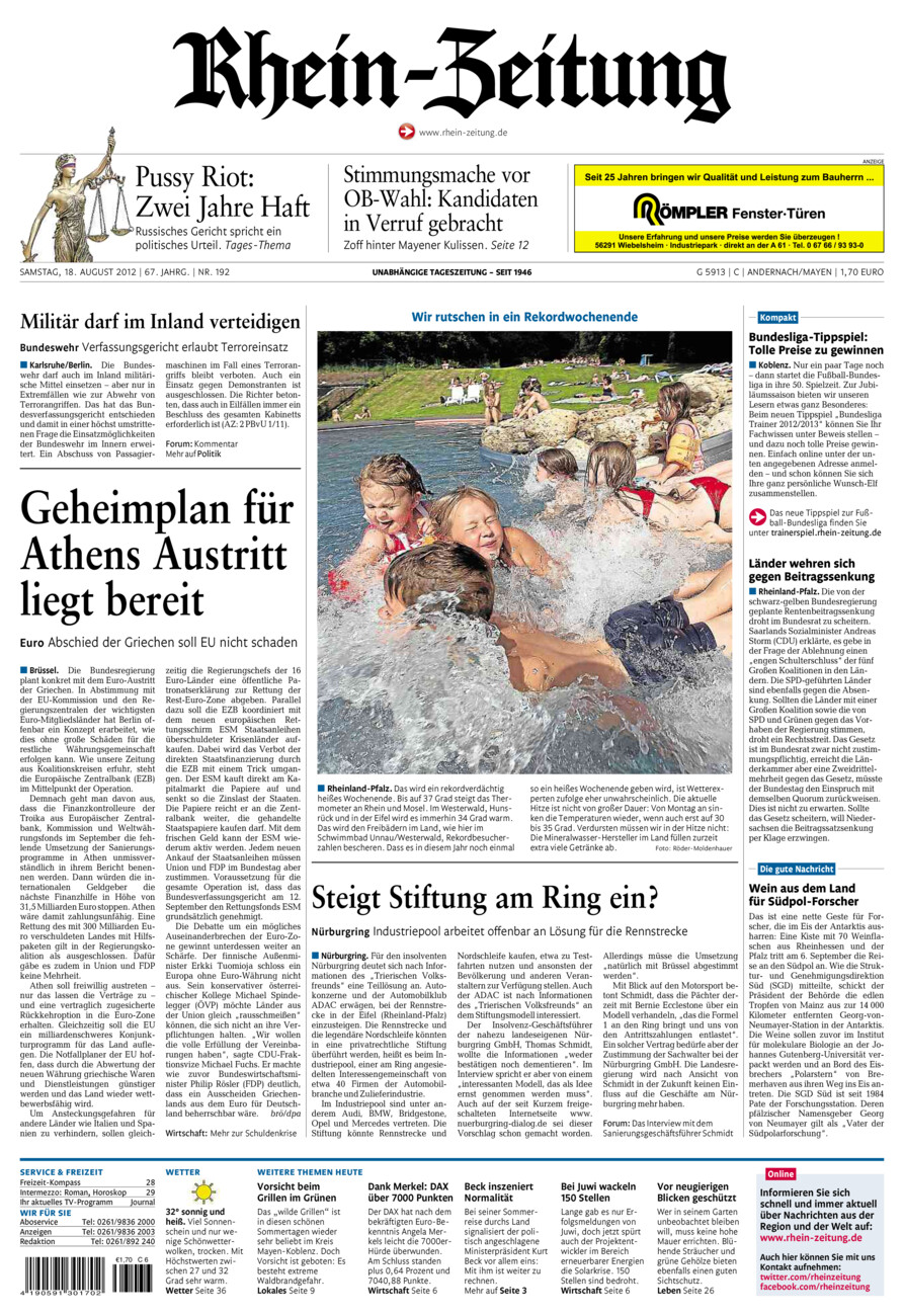 Rhein-Zeitung Andernach & Mayen vom Samstag, 18.08.2012