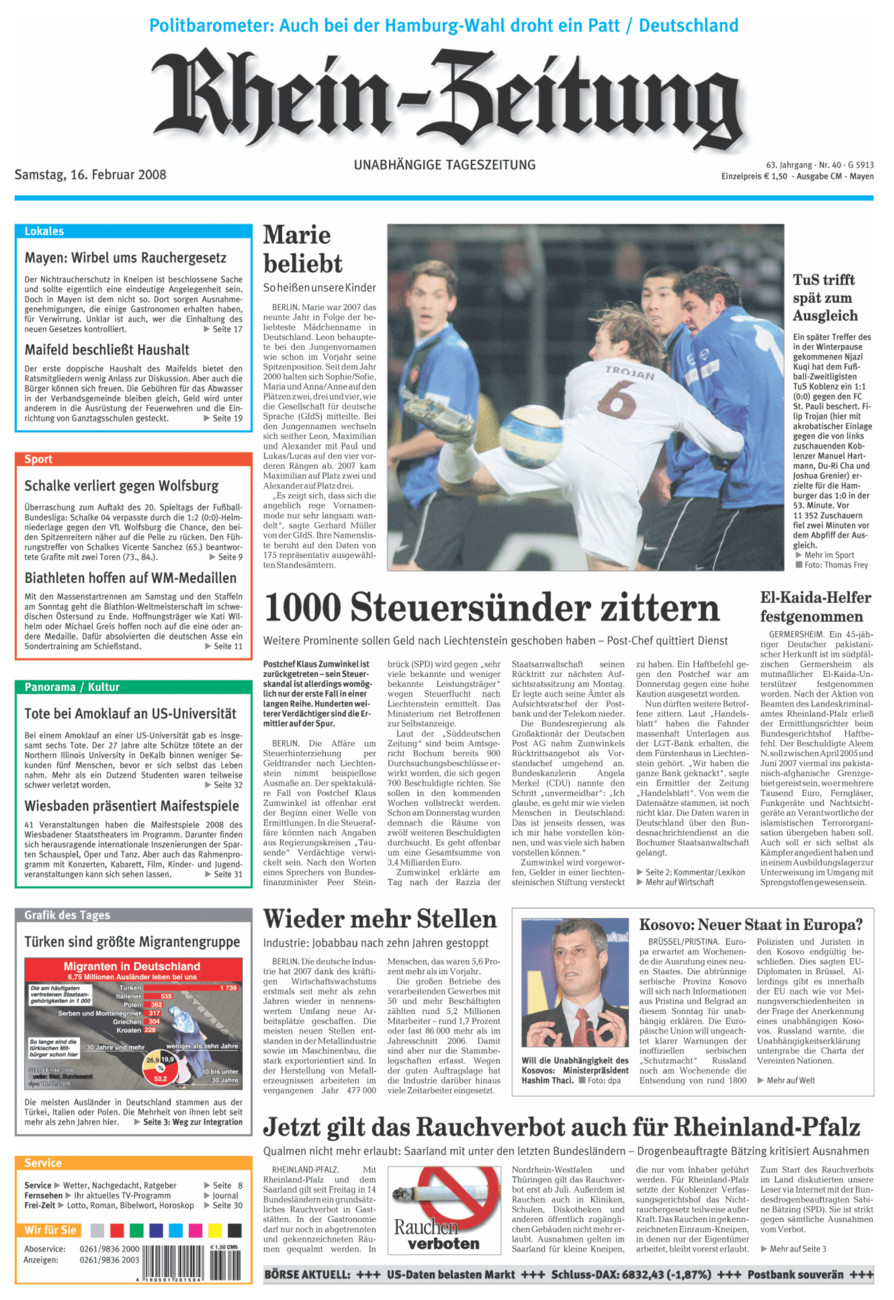 Rhein-Zeitung Andernach & Mayen vom Samstag, 16.02.2008