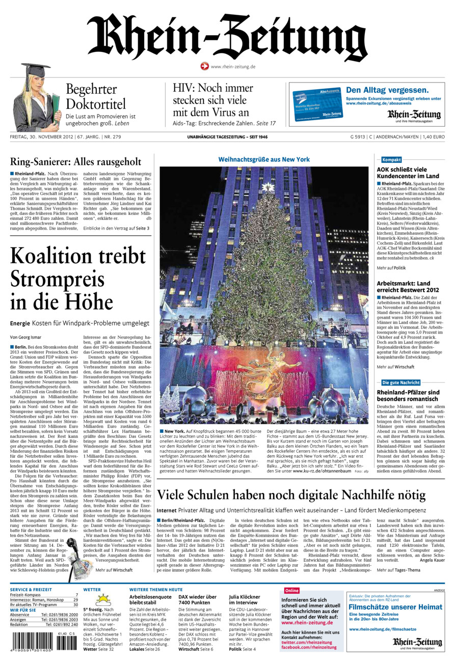 Rhein-Zeitung Andernach & Mayen vom Freitag, 30.11.2012