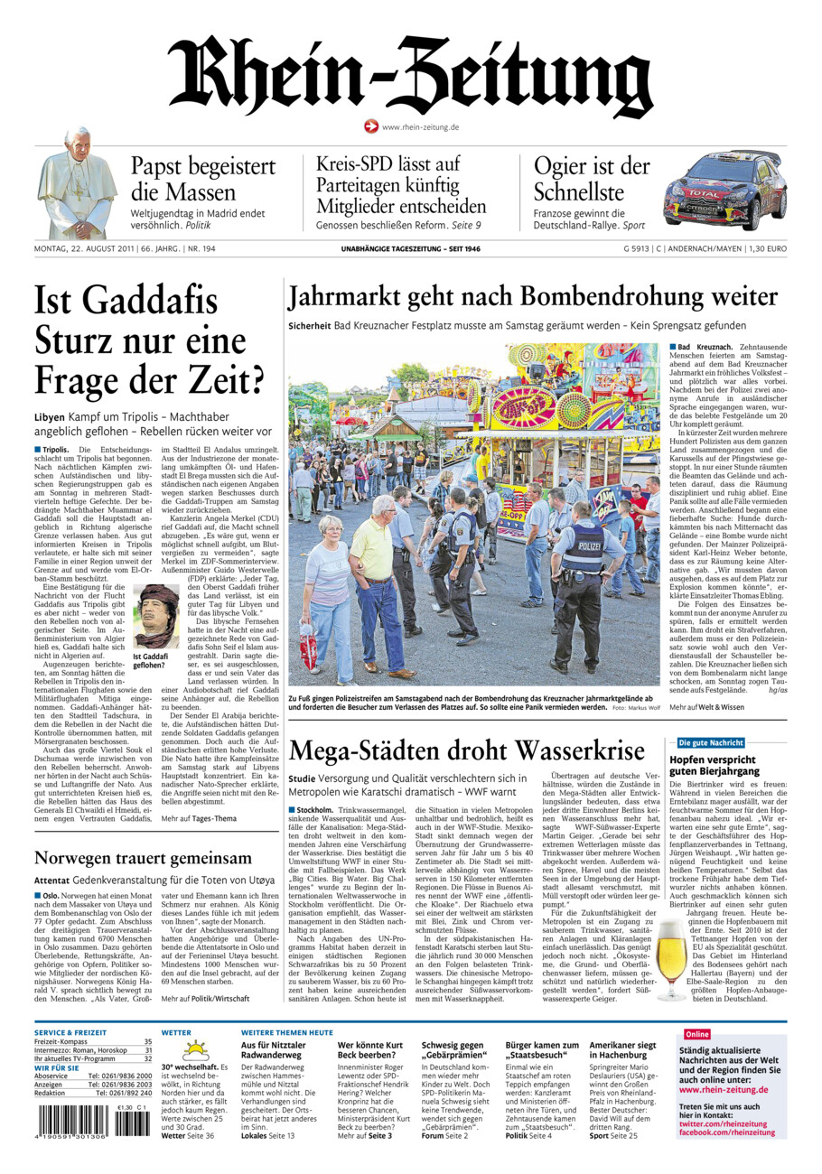 Rhein-Zeitung Andernach & Mayen vom Montag, 22.08.2011