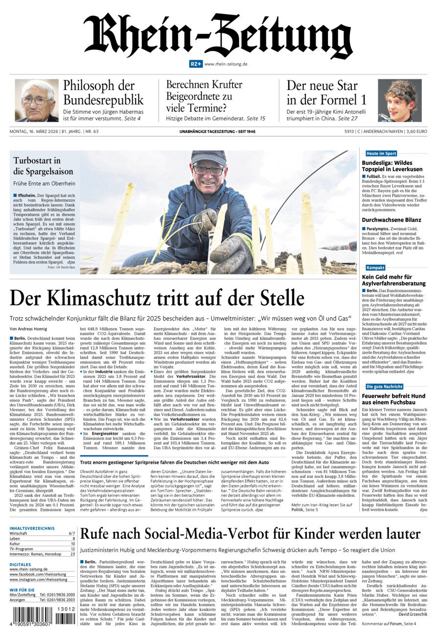 Rhein-Zeitung Andernach & Mayen vom Montag, 16.03.2026